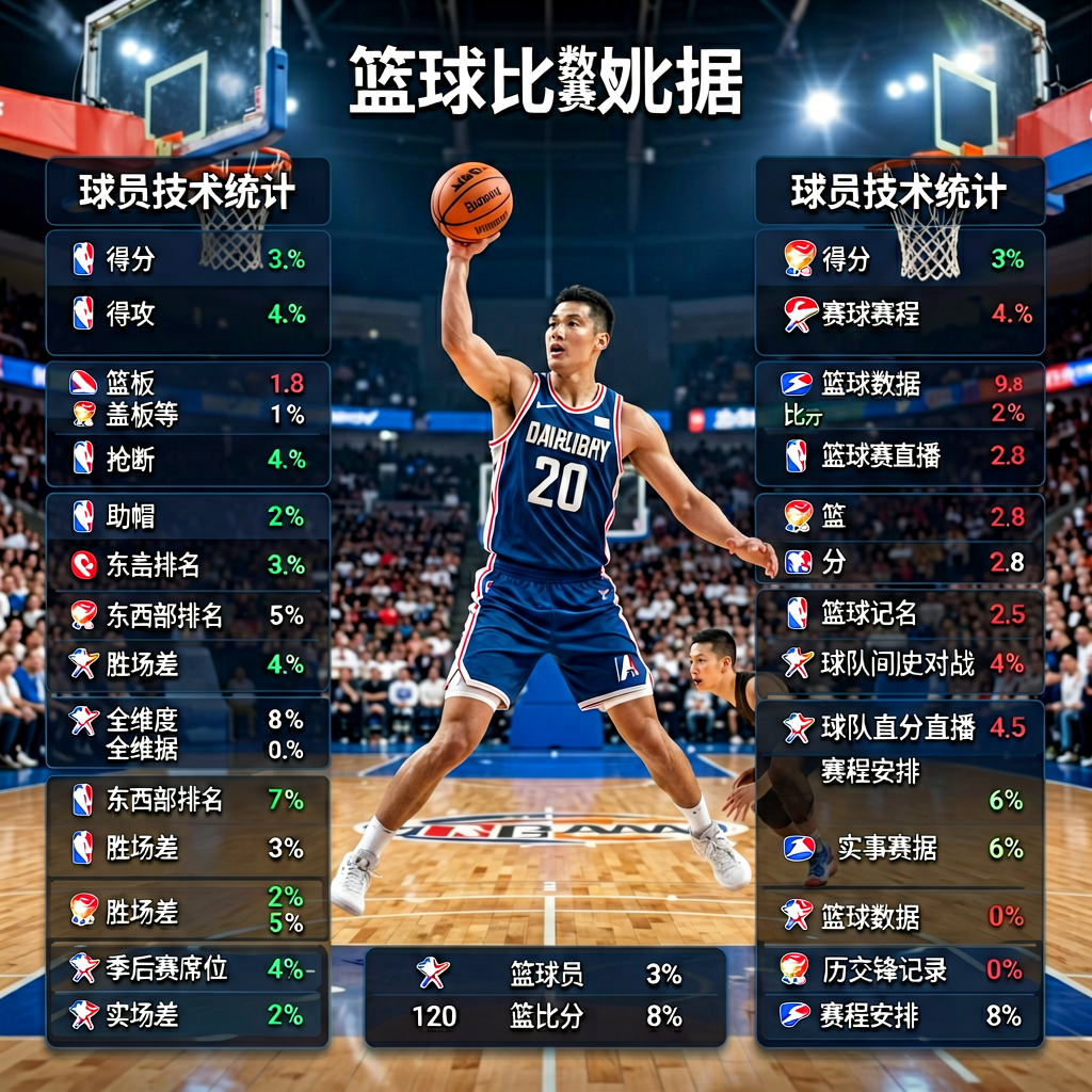 篮球比赛数据统计界面，显示球员得分篮板助攻等详细技术统计图表